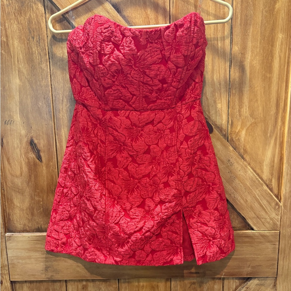 Showpo Red Strapless Textured Floral Mini Dress NWT